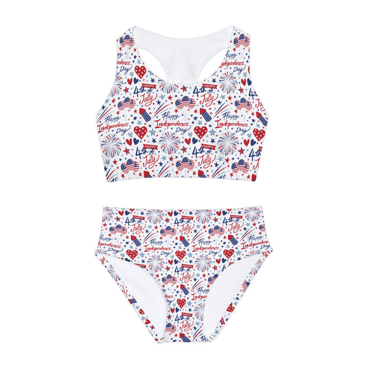 4th of July Hearts and Balloons Red and Blue Girls Two Piece Swimsuit