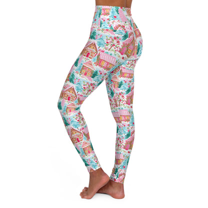 Preppy Gingerbread Pink & Blue Tree Christmas High Waisted Yoga Leggings