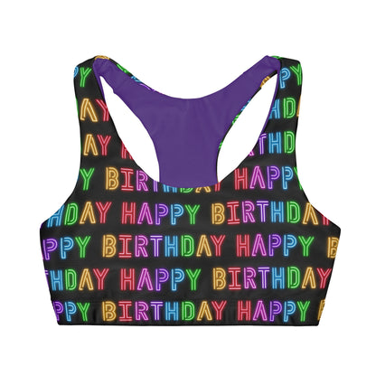 Happy Birthday Black and Purple Girls' Double Lined Seamless Sports Bra