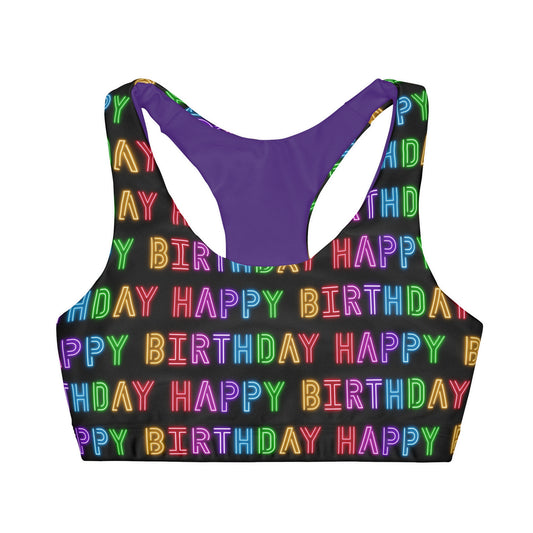 Happy Birthday Black and Purple Girls' Double Lined Seamless Sports Bra