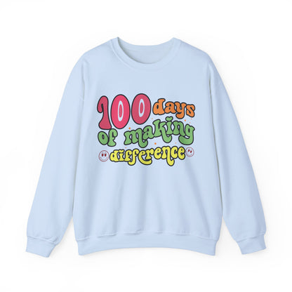 100 Days of Making a Difference Teacher Crewneck Sweatshirt, 5 Colors Available