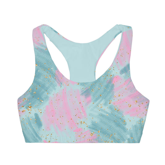 Pink Teal and Gold Brush Strokes Girls Sports Bra