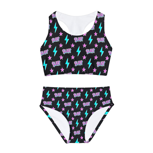 Slay Teal and Black Girls Two Piece Swimsuit