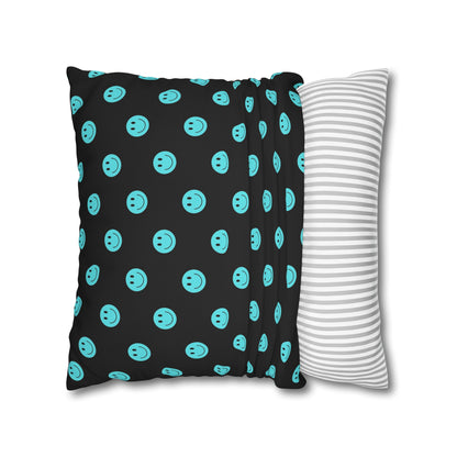 Black and Teal Smiley Face Square Polyester Pillowcase