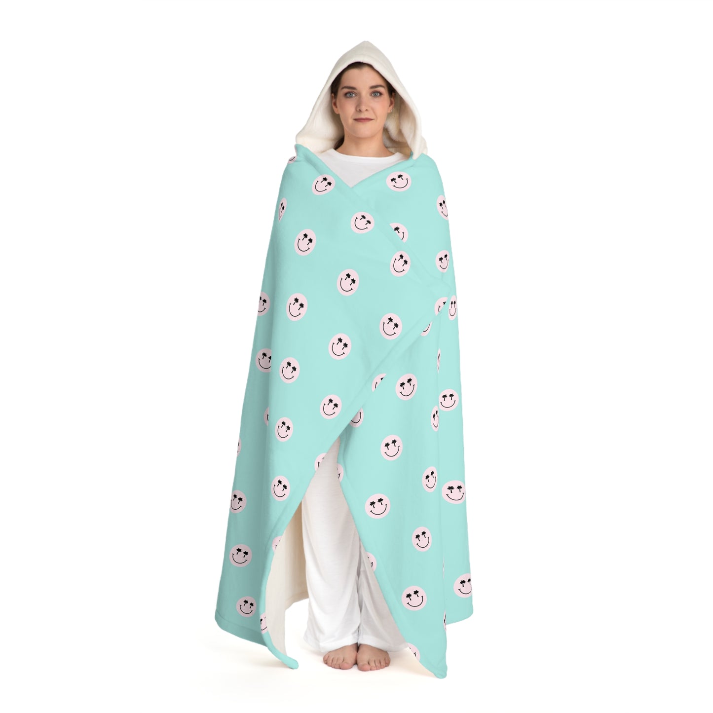 Teal and Pink Smiley Face Teen Hooded Sherpa Fleece Blanket