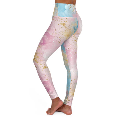 Pink, Blue Gold Pastel Watercolor High Waisted Women's Yoga Leggings