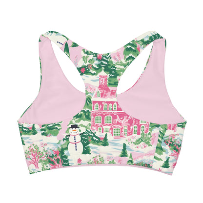 Preppy Winter Snowman Christmas Tree Girls' Sports Bra