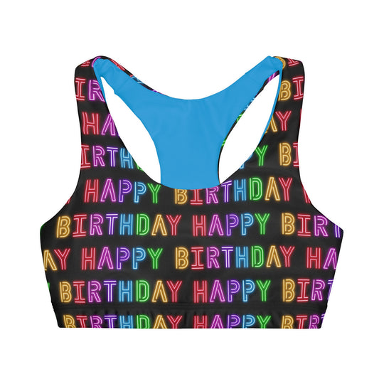 Happy Birthday Blue and Blue Girls Double Lined Seamless Sports Bra