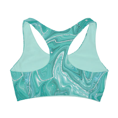 Teal and Silver Marble Girls' Double Lined Seamless Sports Bra