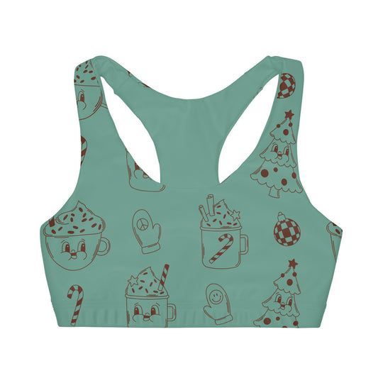 Green Retro Christmas Hot Chocolate Girls' Double Lined Seamless Sports Bra