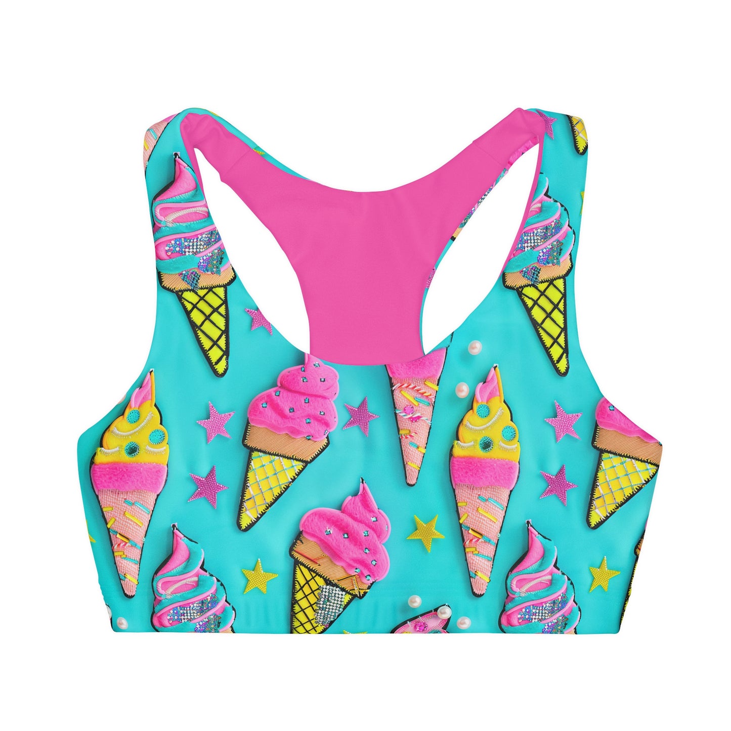 Colorful Neon Blue and Hot Pink Ice Cream Cone Girls Seamless Sports Bra