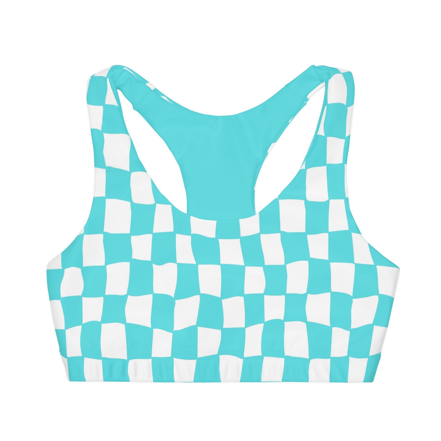 Teal and White Wavy Checkered Girls' Double Lined Seamless Sports Bra