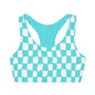 Teal and White Wavy Checkered Girls' Double Lined Seamless Sports Bra