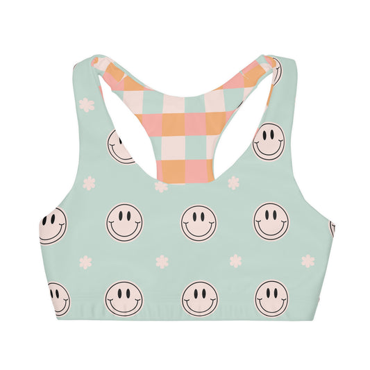 Mint Smiley Face and Plaid Retro Girls' Sports Bra