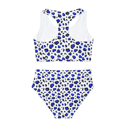 Blue and Black Neon Leopard Girls Two Piece Swimsuit