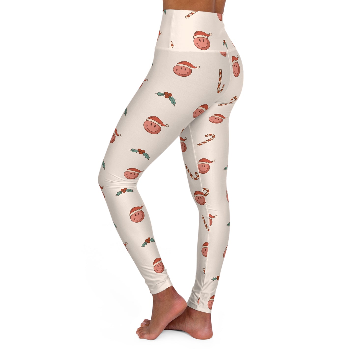 Smiley Face Santa Hat Cream High Waisted Yoga Leggings