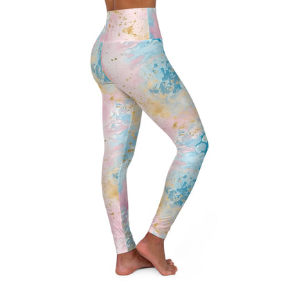 Pink, Blue Gold Pastel Watercolor High Waisted Women's Yoga Leggings