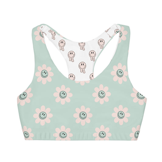 Mint Smiley Face Flower Girls' Sports Bra