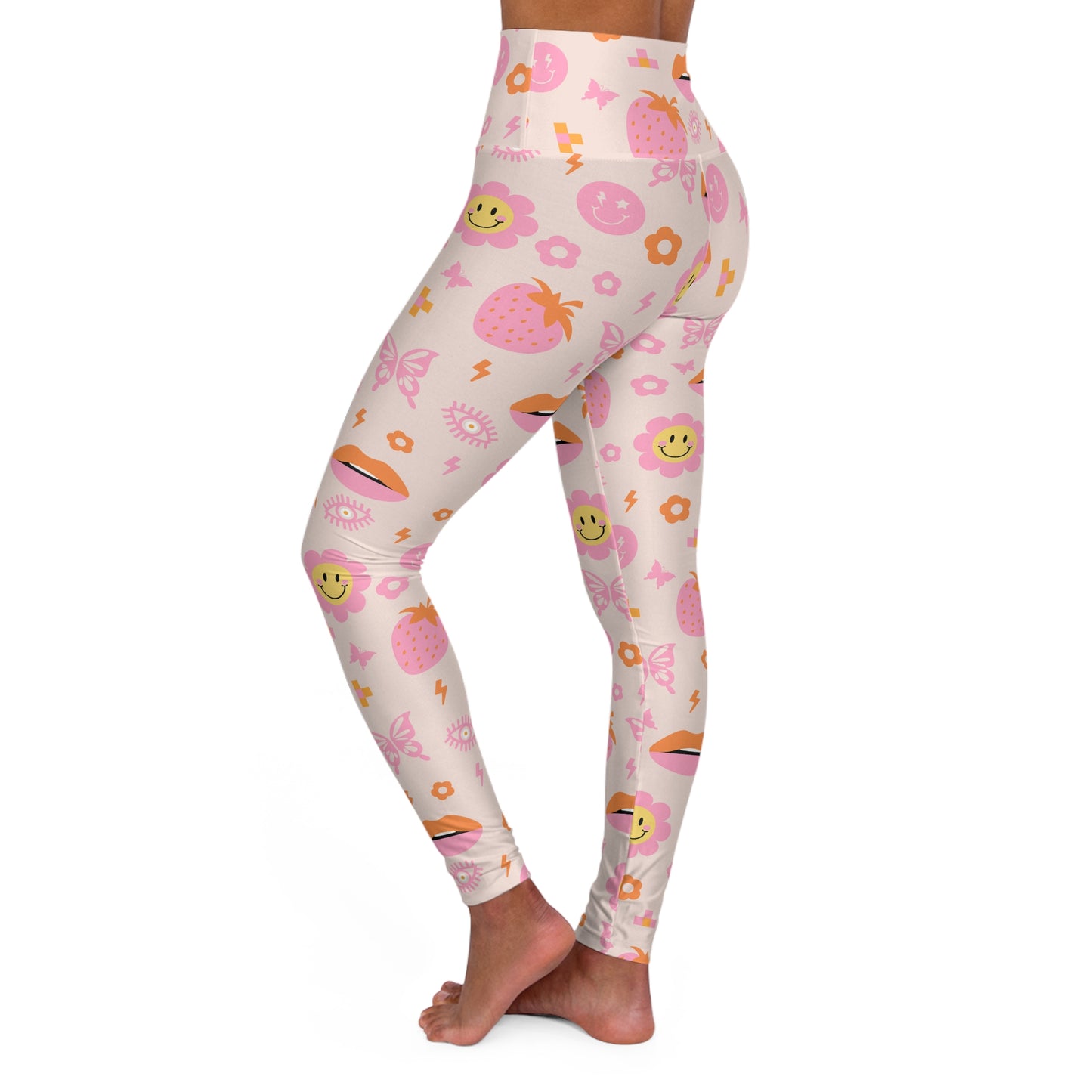 Smiley Face Pink Women's High Waisted Yoga Leggings