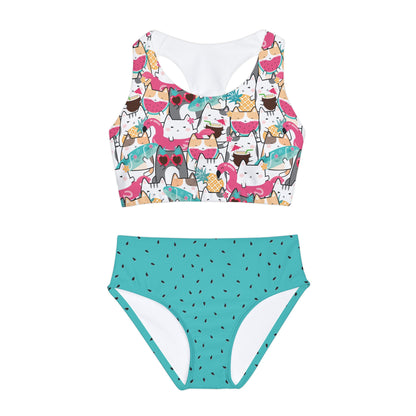 Cats, Watermelon, Flamingos Girls Two Piece Swimsuit