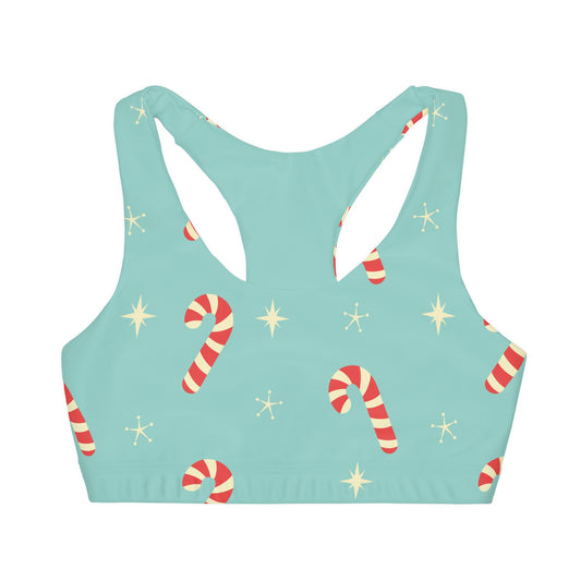 Candy Cane Retro Blue Girls' Double Lined Seamless Sports Bra