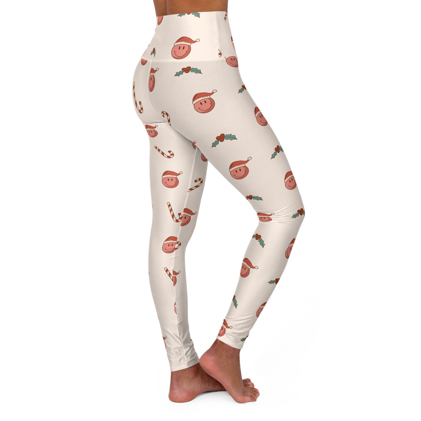 Smiley Face Santa Hat Cream High Waisted Yoga Leggings