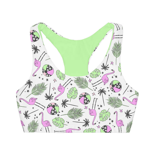 Green & Pink Flamingo Summer Style Girls' Double Lined Seamless Sports Bra