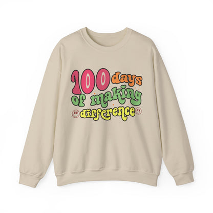 100 Days of Making a Difference Teacher Crewneck Sweatshirt, 5 Colors Available