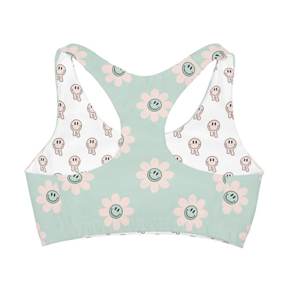 Mint Smiley Face Flower Girls' Sports Bra