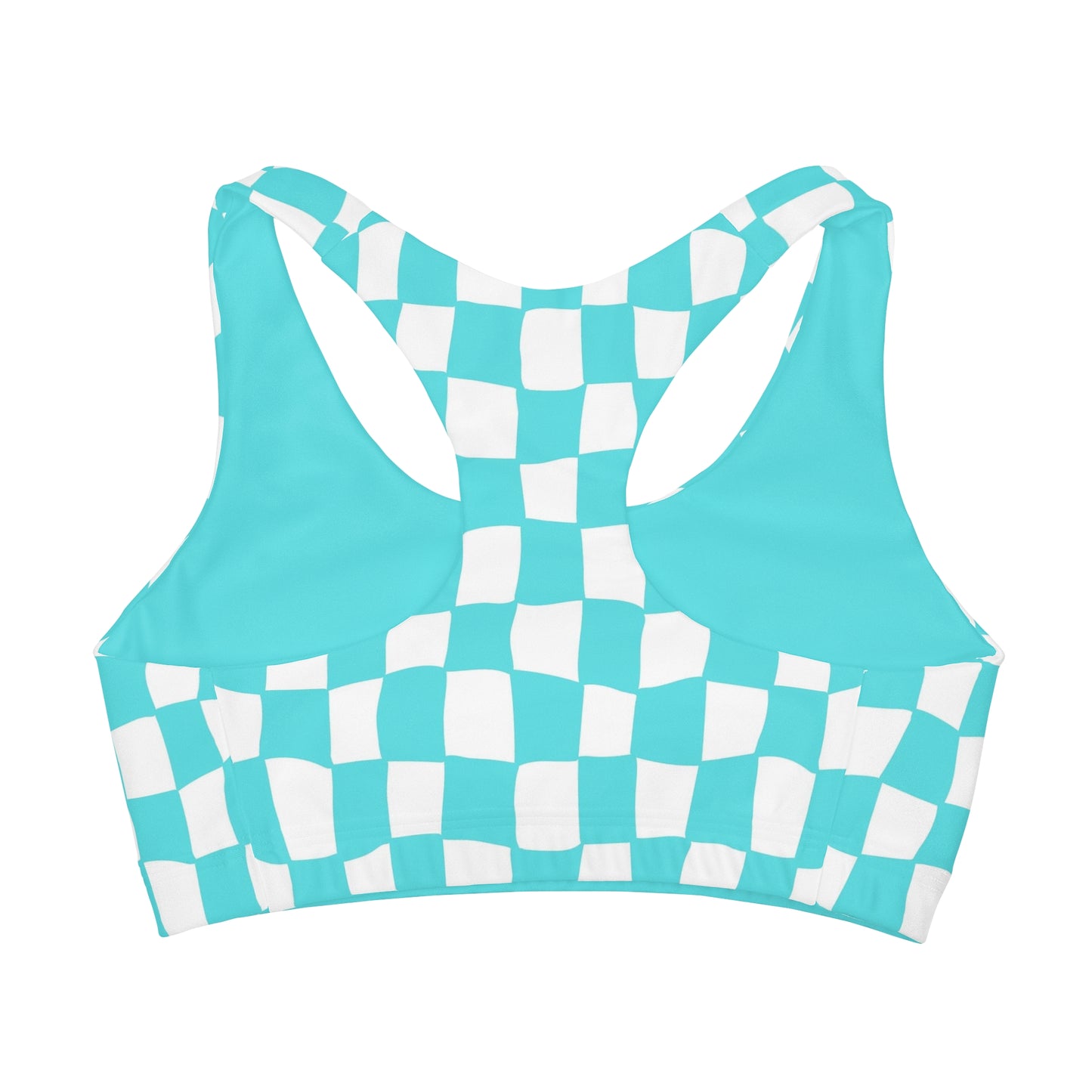 Teal and White Wavy Checkered Girls' Double Lined Seamless Sports Bra