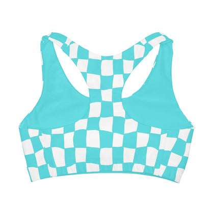 Teal and White Wavy Checkered Girls' Double Lined Seamless Sports Bra