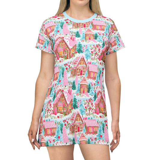 Preppy Gingerbread Pink & Blue Tree Christmas T-Shirt Dress