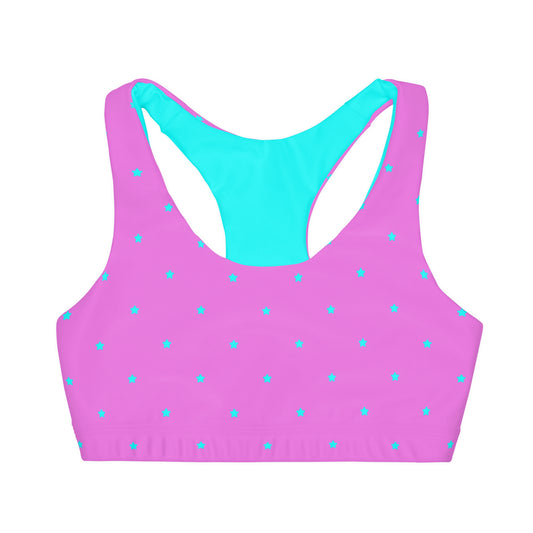 Purple with Teal Stars Girls' Double Lined Seamless Sports Bra