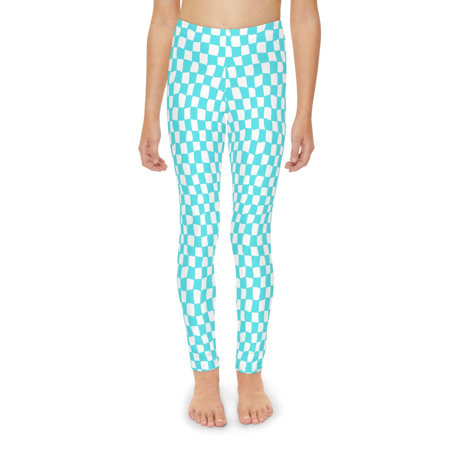 Teal and White Wavy Checkered Full-Length Leggings