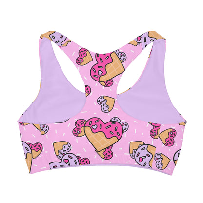 Waffle Cone Heart Pink and Purple Valentines Girls Sports Bra