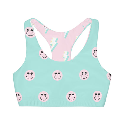 Teal & Pink Smiley Face Girls' Double Lined Seamless Sports Bra