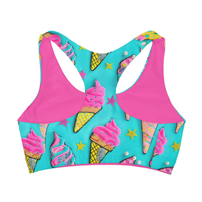 Colorful Neon Blue and Hot Pink Ice Cream Cone Girls Seamless Sports Bra