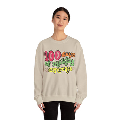 100 Days of Making a Difference Teacher Crewneck Sweatshirt, 5 Colors Available