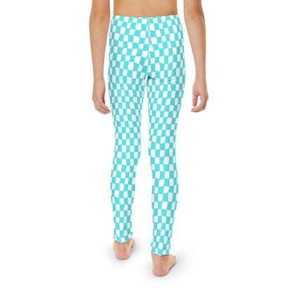 Teal and White Wavy Checkered Full-Length Leggings