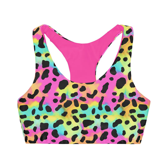 Hot Pink and Rainbow Leopard  Girls' Double Lined Seamless Sports Bra