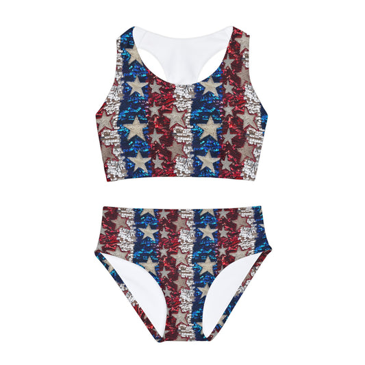 4th of July Fringe Graphic Two Piece Girls Swimsuit