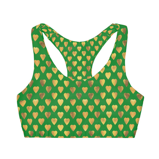 Green and Gold Heart St. Patricks Day Double Lined Seamless Sports Bra