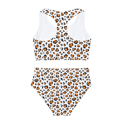 Orange and Black Neon Leopard Girls Two Piece Swimsuit