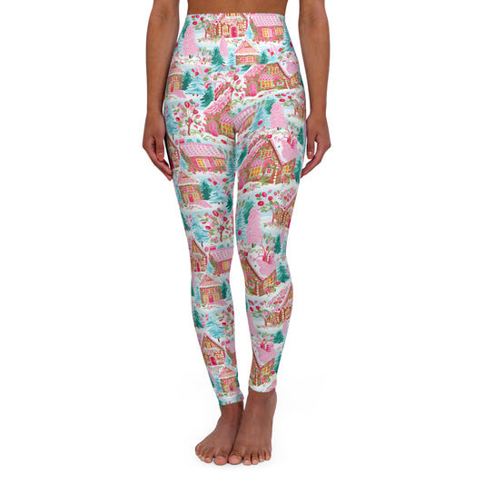 Preppy Gingerbread Pink & Blue Tree Christmas High Waisted Yoga Leggings