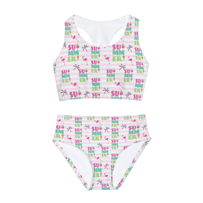 Pink and White Summer Flamingo GirlsTwo Piece Swimsuit