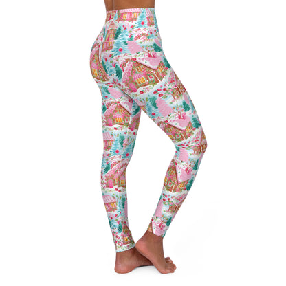 Preppy Gingerbread Pink & Blue Tree Christmas High Waisted Yoga Leggings