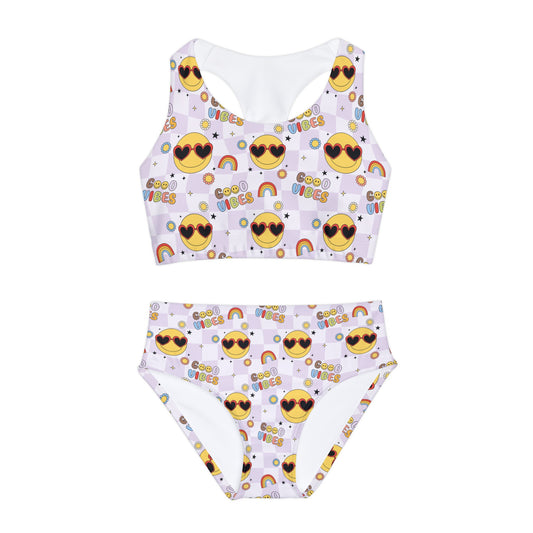 Good Vibes Smiley Face Purple Plaid Girls Two Piece Swimsuit