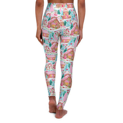 Preppy Gingerbread Pink & Blue Tree Christmas High Waisted Yoga Leggings