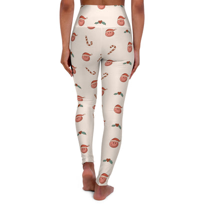 Smiley Face Santa Hat Cream High Waisted Yoga Leggings