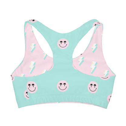 Teal & Pink Smiley Face Girls' Double Lined Seamless Sports Bra